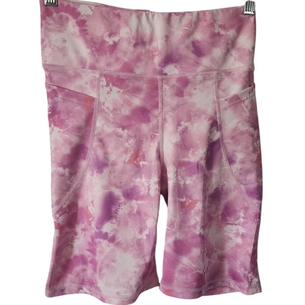 Bebe Sport Tie Dye Pink Purple Side Pocket Wide Waist High Rise Workout Shorts M
